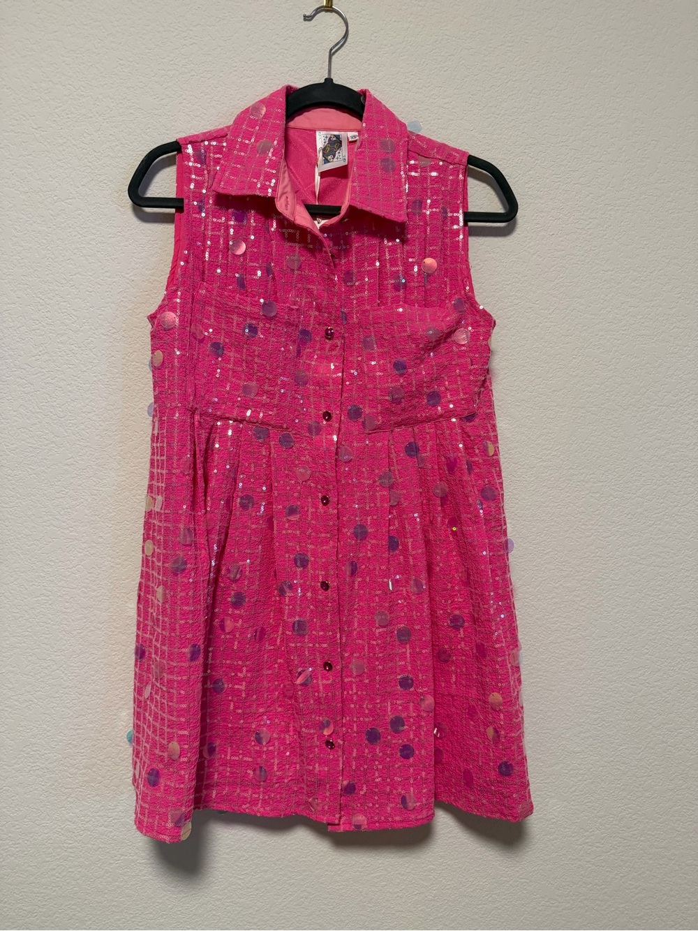 QUEEN OF SPARKLES Bright Hot Pink Sequin Dot Collared Mini Dress